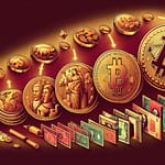 historie peněz - na obrázku je zobrazeno od mincí až po měnu a bitcoiny